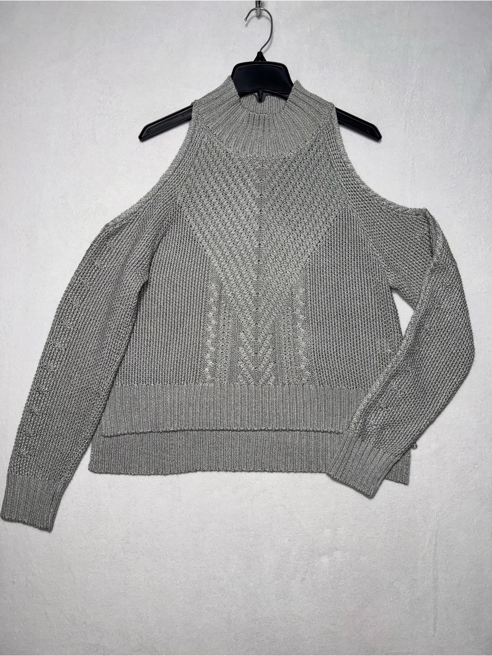 Miou Muse Cold Shoulder Silk-Knit Mock Neck Sweater Grey Women Sz L - Picture 3 of 11